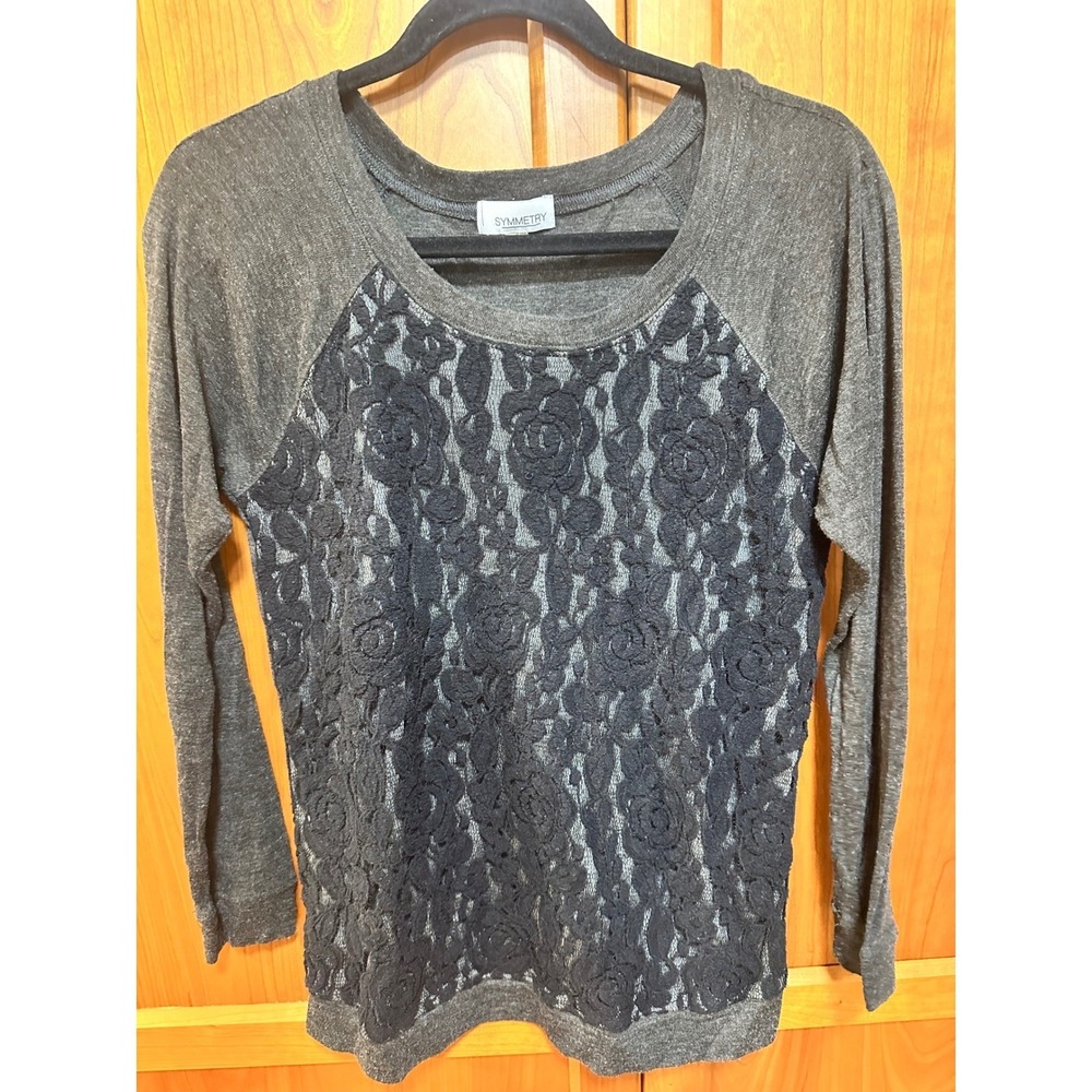 Symmetry Womens Charcoal Gray‎ Floral Lace Front Long Sleeve Raglan Top Small